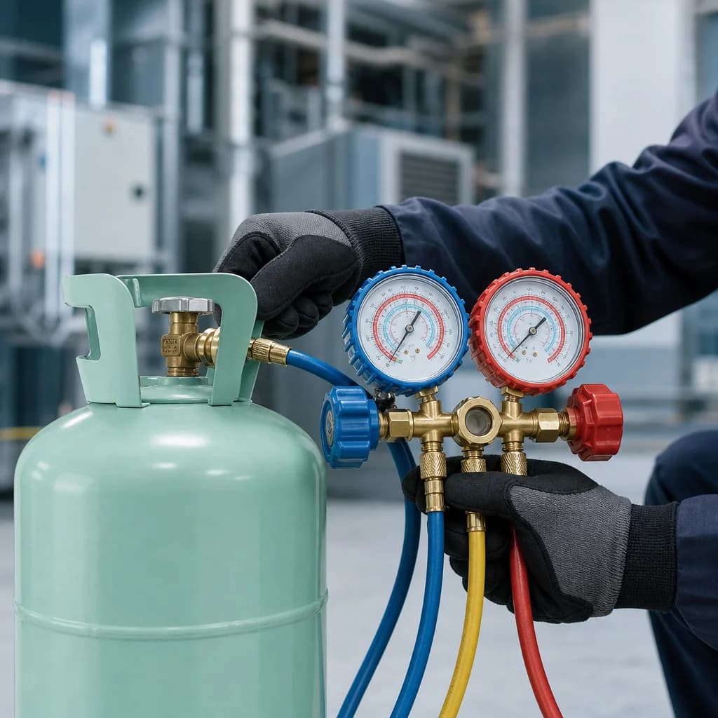 HVAC technician connecting gauges to a refrigerant cylinder